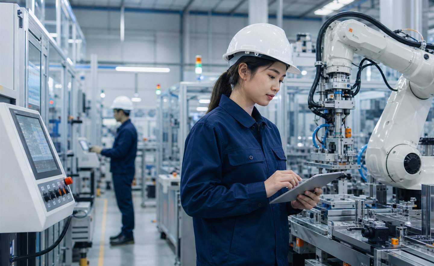 Vietnamese automation engineer working in a smart factory